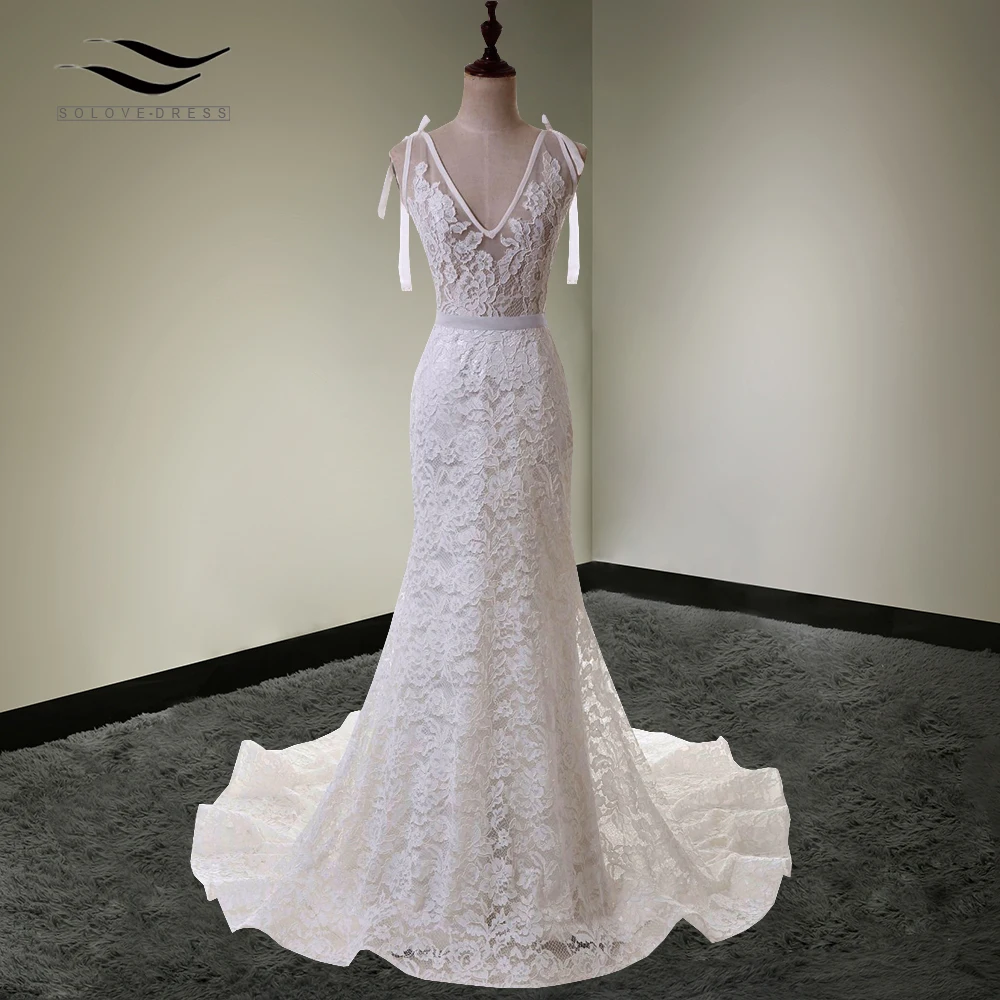 Long Train Elegant Spaghetti Strap Sexy Lace Wedding Dress Mermaid Bridal Dress Vestido De Noiva 2015