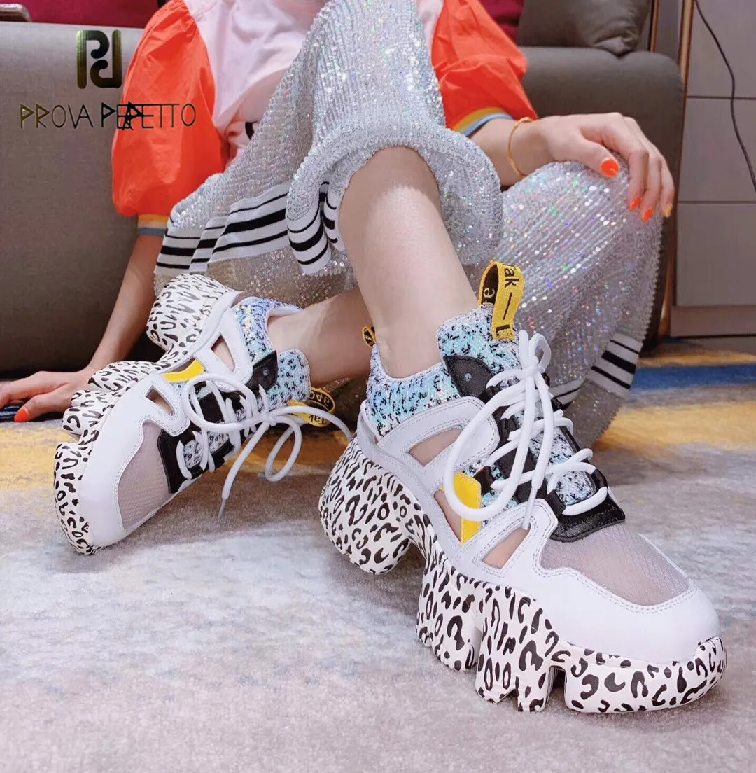 

Prova perfetto 2019 Summer Fashion Brand Casual Shoes Increasing Height Bling Genuine Leather All-match Hollow-out Sneaker Shoes