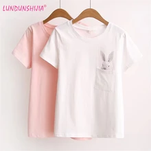 LUNDUNSHIJIA, летняя футболка для женщин, женский топ, Хлопковая женская футболка, одежда с принтом в виде кролика, топ, милые футболки для женщин