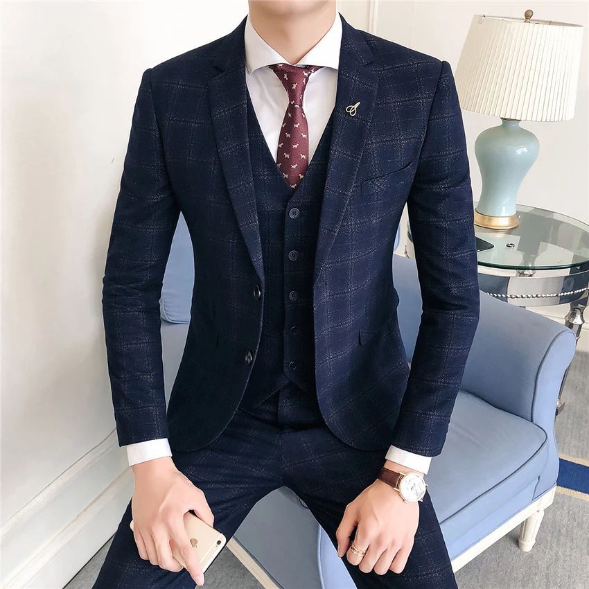 High-end-Männer Anzüge Wein Rot Navy Blau Mode Business Casual männer Karierten Anzug Jacken mit Weste mit hosen