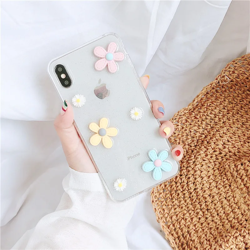 

Transparent Phone Case for Iphone X 8 7 6 6S Plus Soft Cases 3D Flower Cute Back Cover for Iphone Xr XsMax Bling Drop Glue Shell