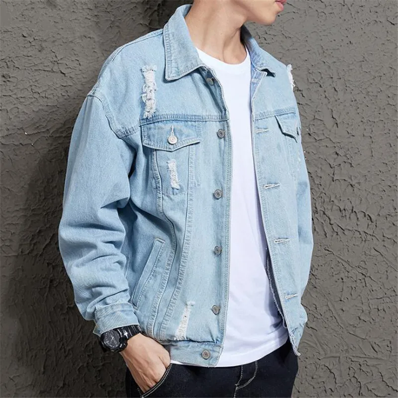 price reduction  New Spring Autumn Mens Denim Jacket Mens Trendy Fashion Bomber Thin Ripped Hole Denim Jacket Male C