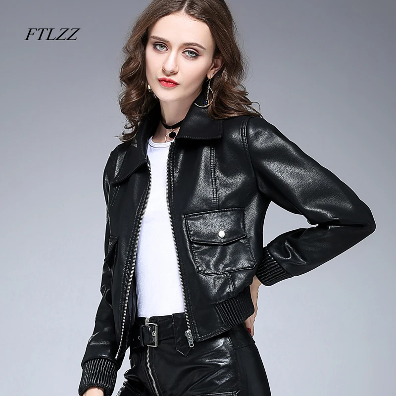 Ftlzz Spring Women Pu Leather Jacket Black Slim Vintage