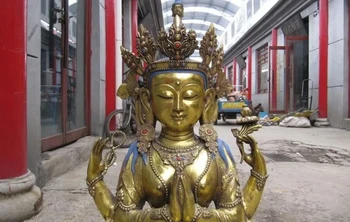 

30 Inch"Tibet Folk temple Bronze Gild Four-armed Avalokitesvara Buddha Statue