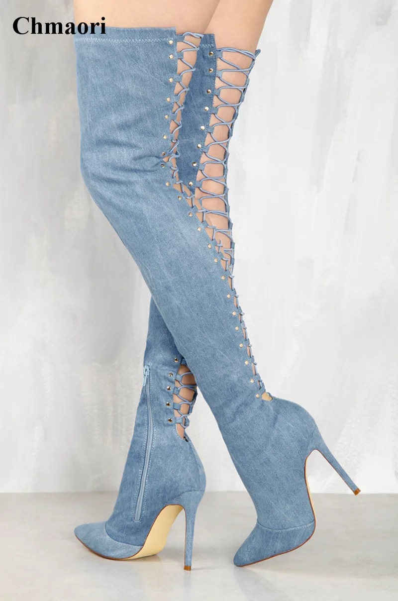 

New Design Women Pointed Toe Blue Denim Over Knee Gladiator Boots Back Cut-out Bandage Jean High Heel Long Boots
