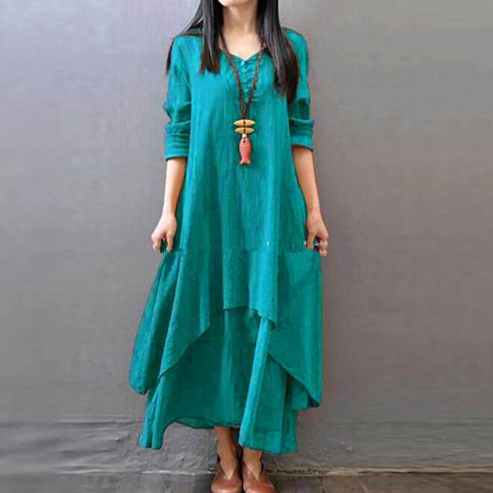 Cena Moda kobiety chłopa etniczne Boho jesień bawełniana pościel sukienka maxi z długim rękawem Gypsy koszula sukienka Kaftan vestidos de verano W708