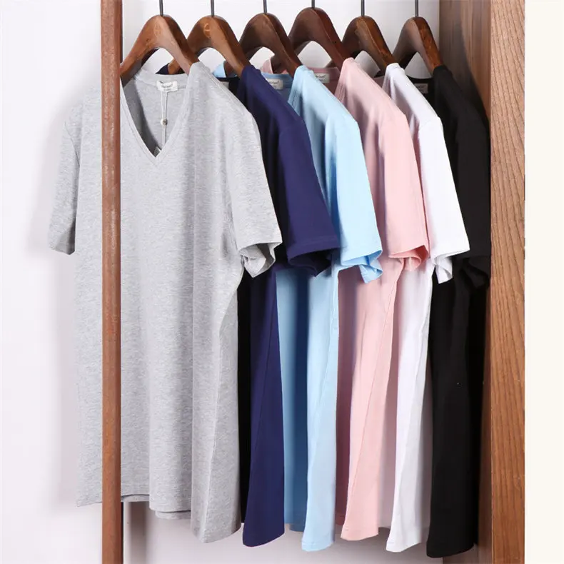 Super quality Mens V neck T shirts Cheap price Casual male short Top Tees Black White Gray Pink Blue Large size Brand clothing-10