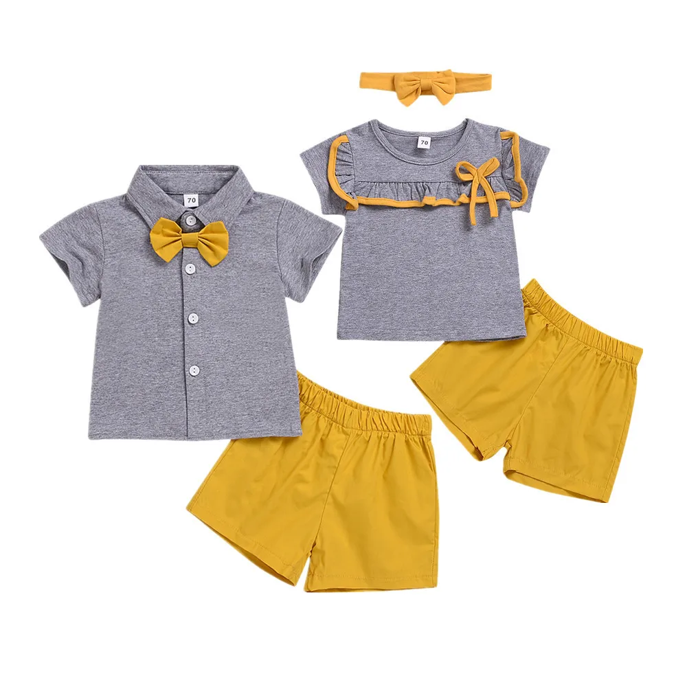

OKLADY Summer Infant Boy Twins Bow Tie Clothes Set Toddler Girl Hair Band Clothing Gray Tee Shirt Yellow Pants Casual Streetwear
