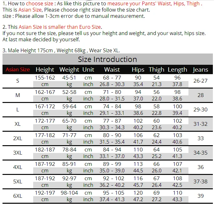 6xl pants size chart