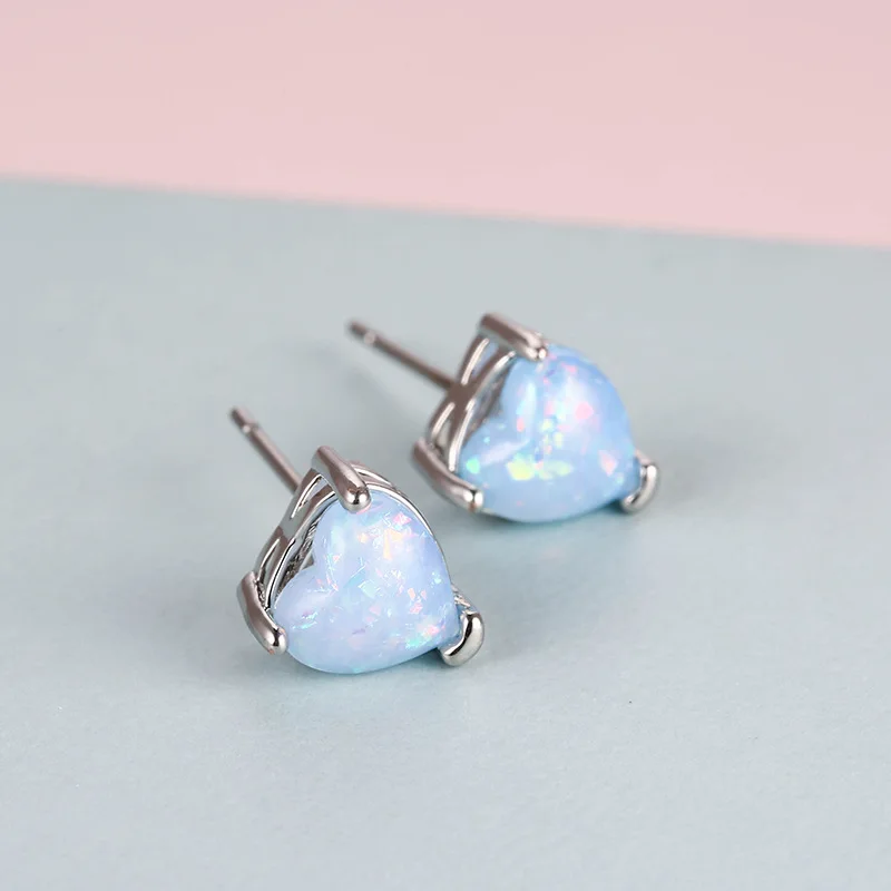 New 1 Pair Chic Small Oval Opal Stud Earring Design Heart Opal Shape