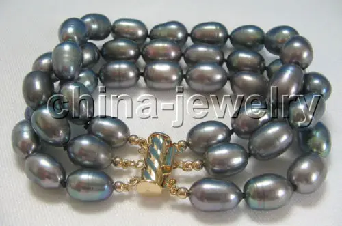 

FREE SHIPPING HOT sell new Style >>>> Beautiful 8" 3row 12mm black baroque freshwater pearl bracelet-GP clasp