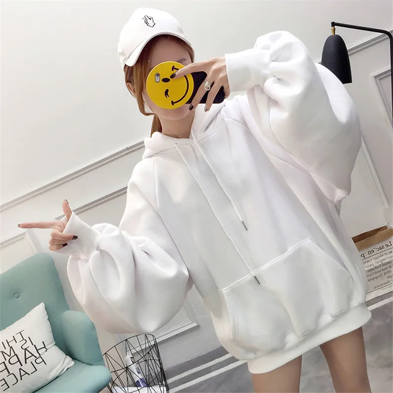  2018 New Casual Loose Hoodies Fashion Women's Solid Color Jumper Hooded Long-sleeved Lantern Sleeve