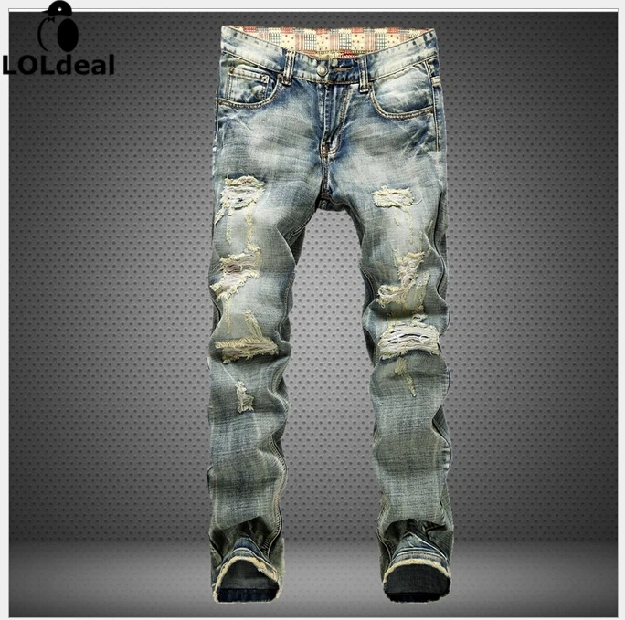 European Grand Prix men s jeans straight beggar hole in the European version of the influx