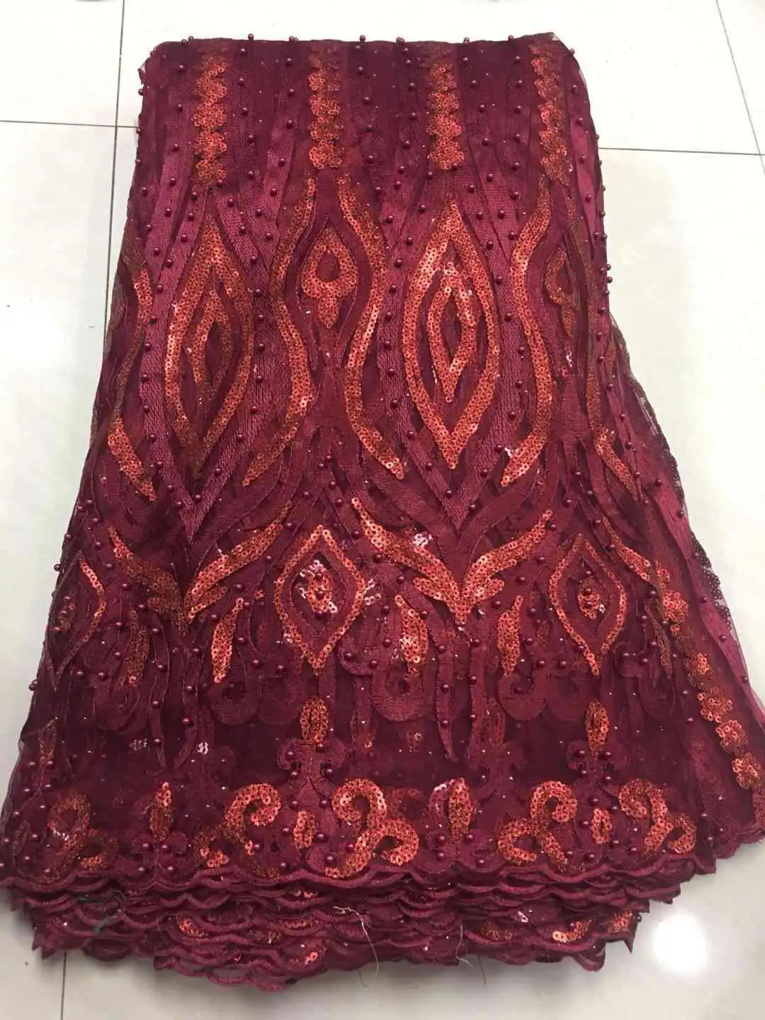 

2019 High Quality French Tulle Beaded African Lace Fabric Sequins Embroidered Red Nigerian Lace Fabric For Wowen Dress KHX18A