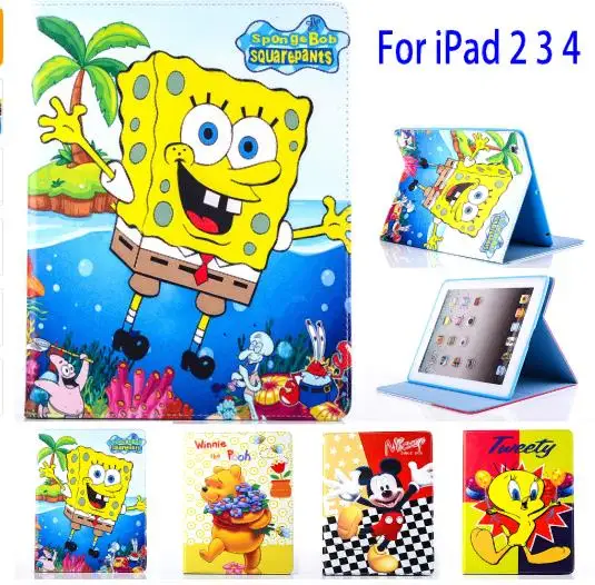 

Tablet Case for Apple ipad 2 3 4 ipad4 Cartoon Mickey Stitch SpongeBob PU leather protective Cover stand shell coque para capa