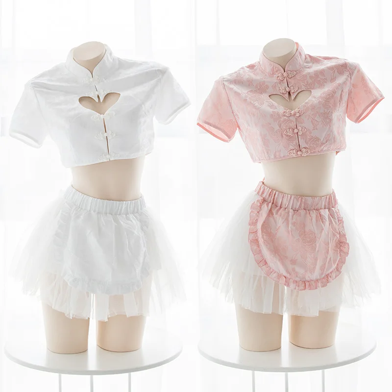 

Pink white Cheongsam Lolita Cute Lingerie Anime Cosplay Costume Women Sexy Chinese Qipao Babydoll Sexy Maid Costume