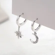 925 Sterling Silver Asymmetry Star Moon Drop Earrings Mosaic Zircon Elegant Korea Earrings for Women 925 Festival Jewelry Gift v ya 925 sterling silver moon shape drop earrings elegant green opal stone earrings vintage women earrings female fine jewelry