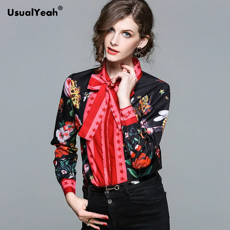 

UsualYeah Black Animal Print Shirts Butterfly Snake Pattern Blouse Bow Embellished Turn Down Collar Vintage Floral Ladies Tops