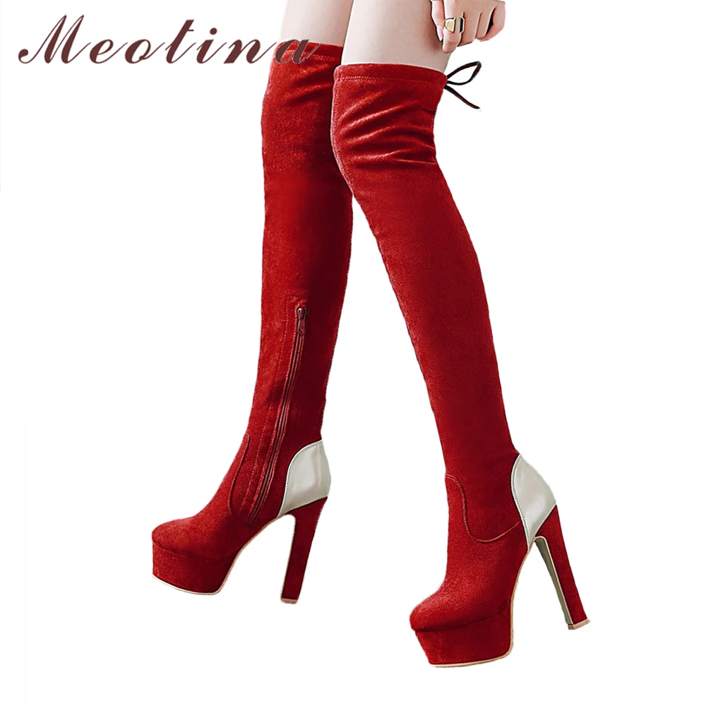 

Meotina Over the Knee Boots Women Platform Extreme High Heel Boots Winter Thigh High Boots Fashion Lady Long Shoes Gray Red