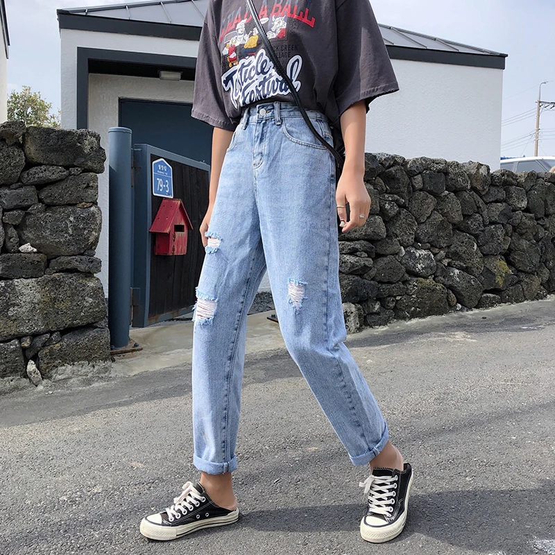 S-xl весенние корейские шикарные стильные женские джинсы женские повседневные рваные джинсы с высокой талией для мам(Z8606