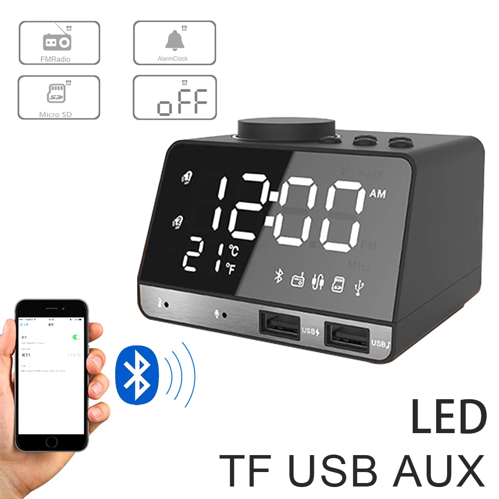 

Multifunction Bluetooth 4.2 Radio Alarm Clock Speaker With 2 USB Ports LED Digital Alarm Clock Bluetooth Speaker