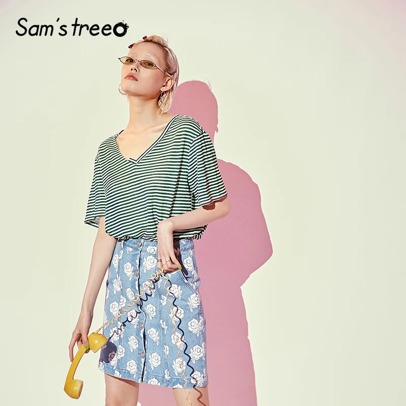 

Samstree Green Striped V-Neck Asymmetrical Women Tee Tops 2019 Summer Oversized Female T-shirts Fashion Streetwear Woman T-shirt