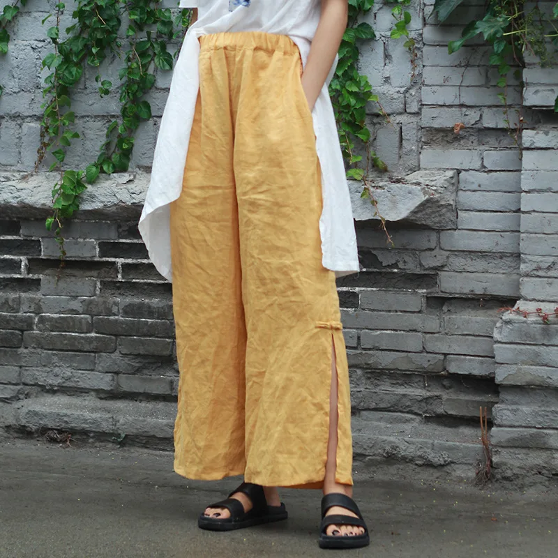 

Original Summer New Women's Literary Range Ramie Quality Pants Split Pants Plate Button Black Yellow