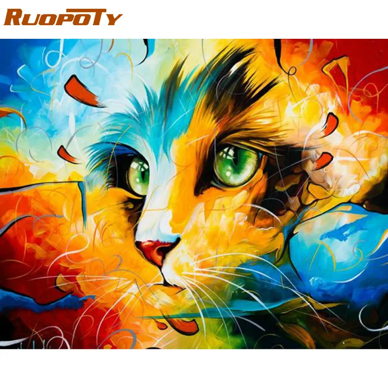 RUOPOTY рамка кошка Сделай Сам краска по номерам животные Раскраска по номерам Холст Краска для стен художественная картина акриловая краска по номерам - Цвет: 1537