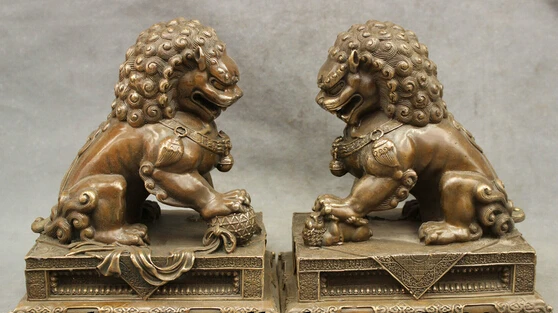 

shitou 001884 10" Chinese Bronze Copper FengShui BiXie Guard Wealth Foo Fu Dog Lion Statue Pai