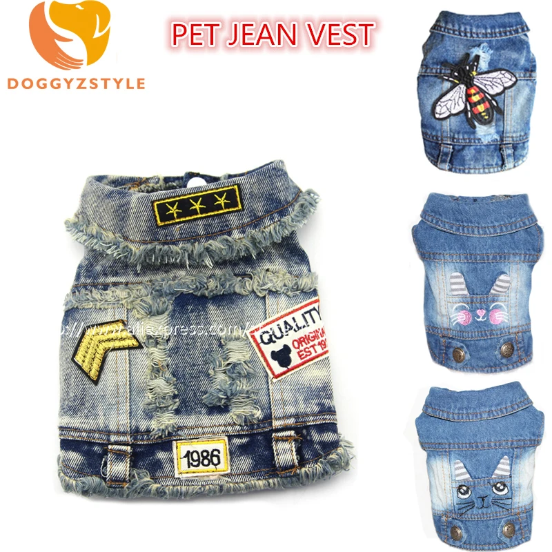 

New Denim Pet Dog Clothes Cartoon Embroidered Hole Cowboy Vest Clothing For Small Dogs Puppy Jacket Chihuahua Doggies Costumes