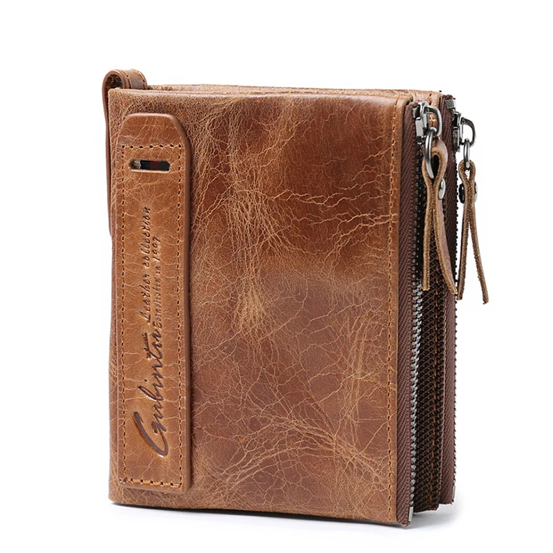 

Retro Designer Clutch Short Fastener Bag Card Holder Genuine Crazy Horse Cowhide Leather Men Double zipper Wallet Vintage Purse
