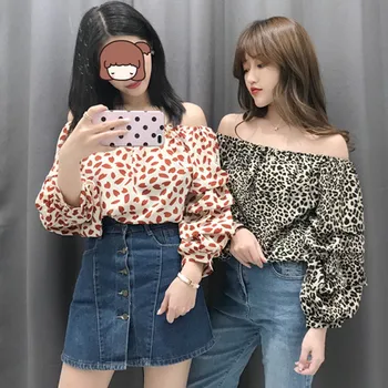 

Women's Slash Neck Long Lantern Sleeve Chiffon Blouse Leopard Ladies Summer Off Shoulder Sexy Blouses Clohthes