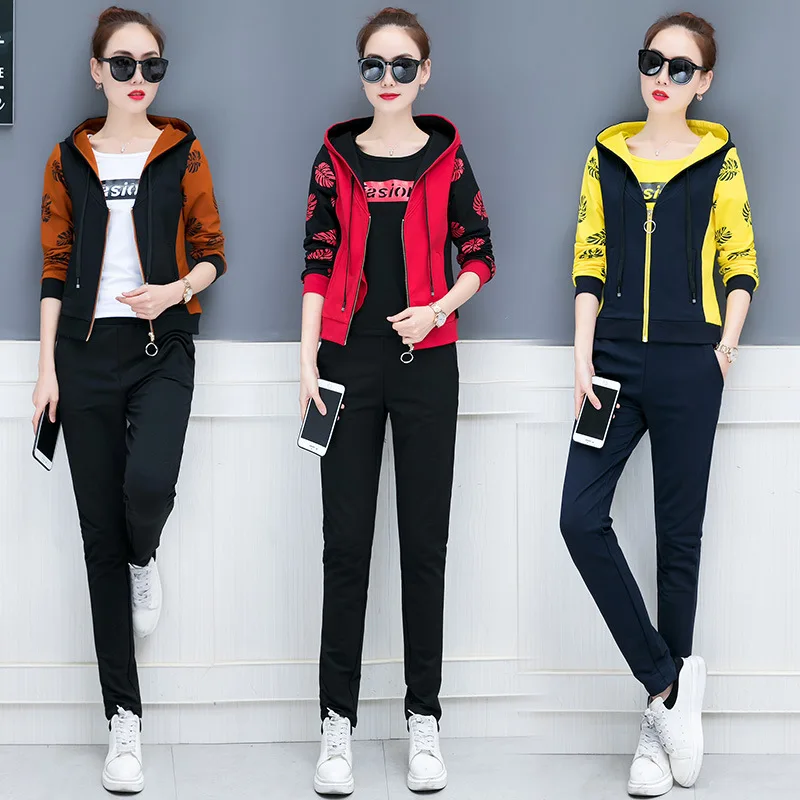 

3pcs Women Sportswear Tracksuit Zip Up Hooded Jacket Sweatshirt Tshirt Loose Pant Running Jogger Casual Workout Outfit Sport Set