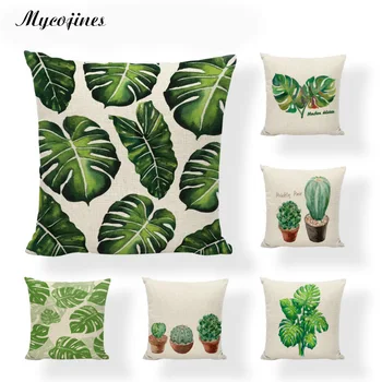 

Elegant Monstera Cactus Cushion Cover Minimalist Watercolor Tropical Plants Pillow Cover Couch Linen Yellow Striped Pillowcase