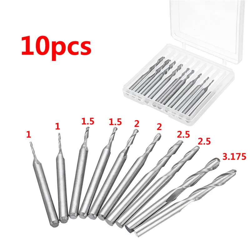 

10pcs/Set End Milling Cutter Set Shank Carbide Ball Nose 1mm-3.175mm 2 Flutes 1/8 Inch CNC Cutting Tool End Mills Woodworking