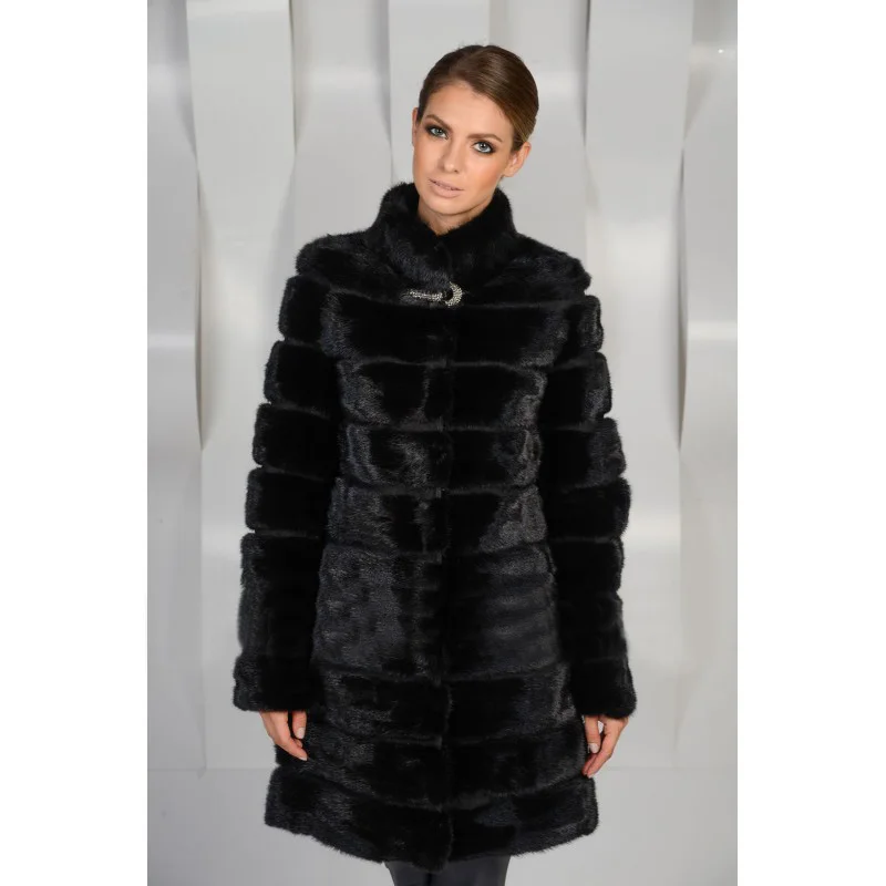 90CM Detachable Real Mink Fur Coat Women With Hood Winter Thick Warm Natural Fur Outwear Genuine Leather Real Fur Coat Female