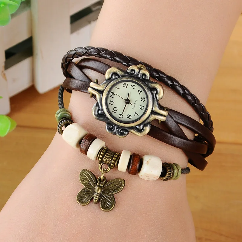 2019 Fashion Women Watches Korean Style Vintage Wooden Beads Butterfly Watch Leather Ropes relogio feminino Ladies Watch Women