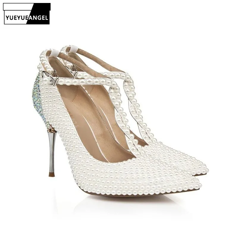 

New Fashion Women Dress Shoes Pointed Toe Buckle Bead Crystal Decoration For Women Wedding Party High Heel Shoes Lady White