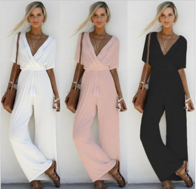2018 Summer Women's Wear New Cross Deep V Tie Tie Waist, White Black. Pink Wide Leg Pants, Body Pants.