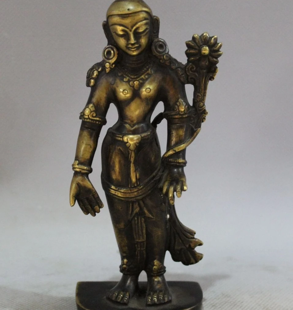 

6" Old Tibet Buddhism Temple Purple Bronze Stand lotus flower Hand Kwan-Yin Stat