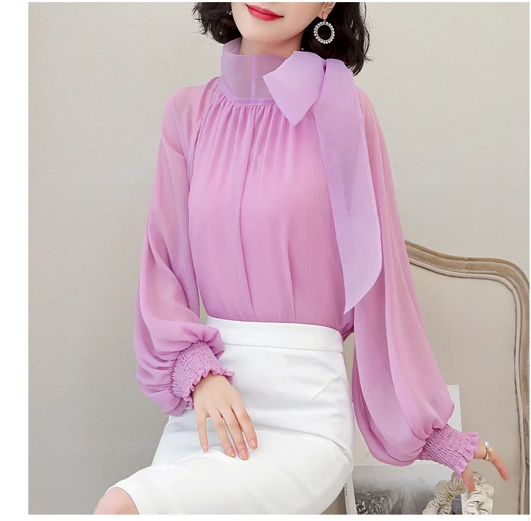  2019 spring elegant long lantern sleeve bow tie knot purple chiffon blouses women romantic lantern 