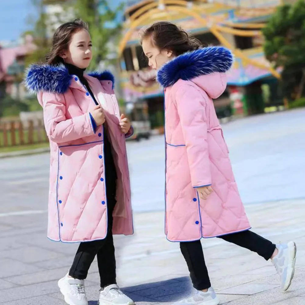 

Children's Down Jacket Long Hooded Fur Collar Single-breasted Pocket Loose Girls Winter Down Coat Outerwear