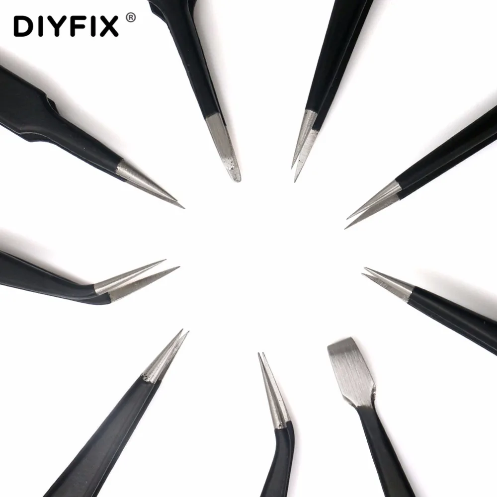 DIYFIX 9 шт. ESD нержавеющая сталь Пинцет Набор прецизионных ремонтных инструментов набор антистатических для электроники телефон ремонт BGA работы