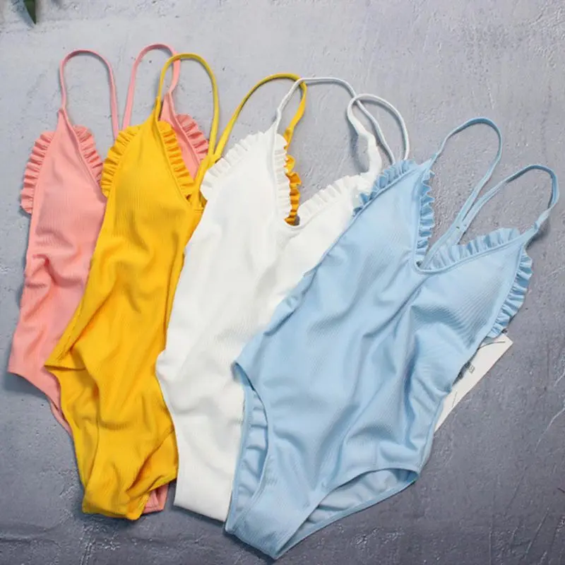 2018 Sexy Summer Women Solid Bandage Ruffle Bathing Suits Beach Surfing One Piece Sweet Swimsuit Rn | Спорт и развлечения