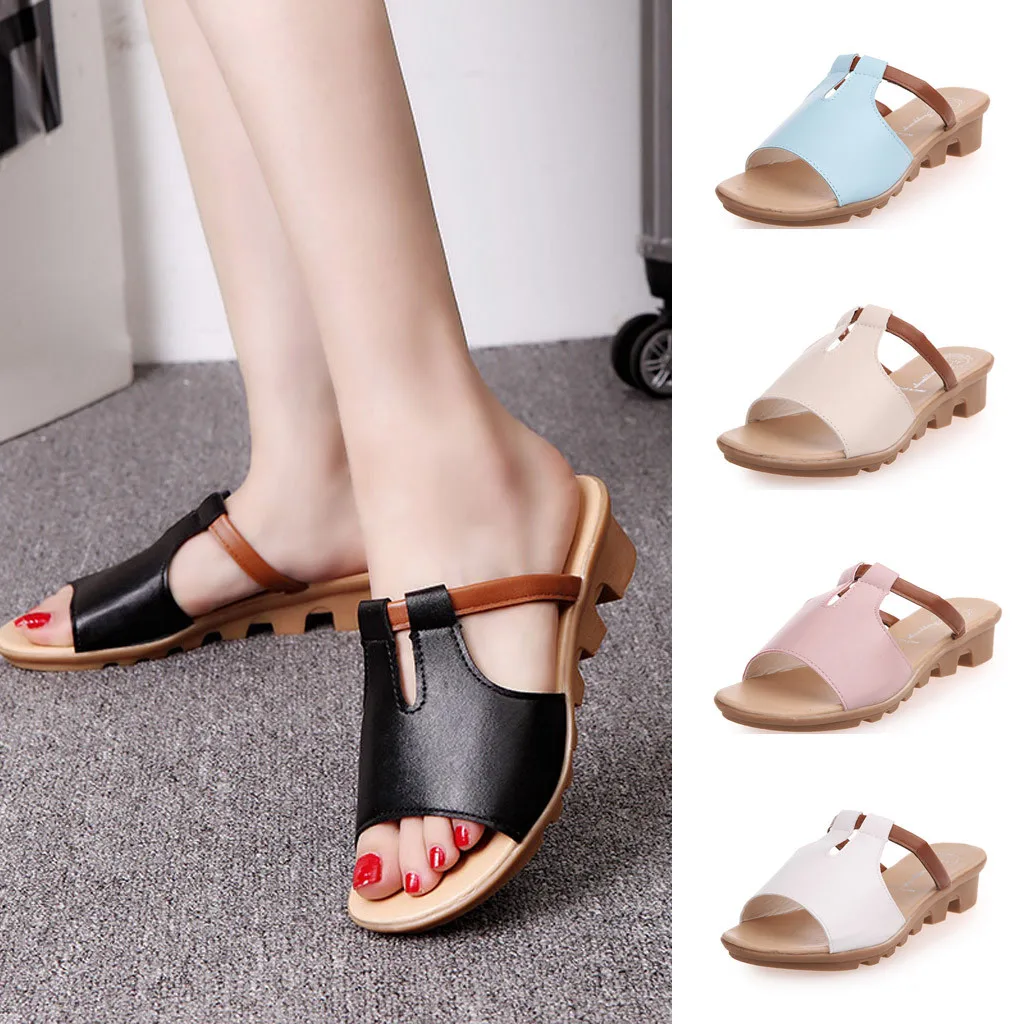 

Women's elegant sandals PU Leather Fashion Summer Ladies Solid Color Wild Open Toe Sandals Low Heel Beach Slippers