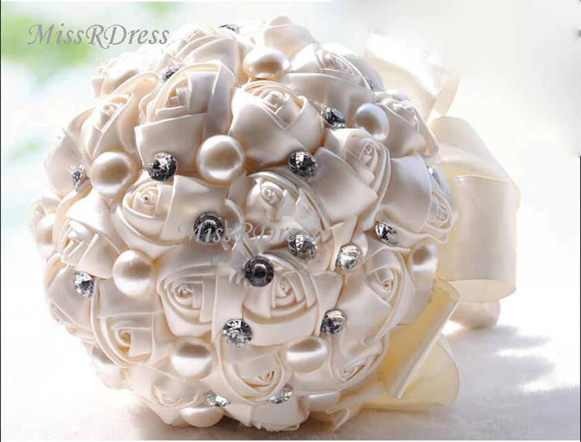 MissRDress великолепные Кристальный Свадебный букет искусственная Роза невесты цветы жемчуг цвета слоновой кости свадебные букеты de mariage JK316