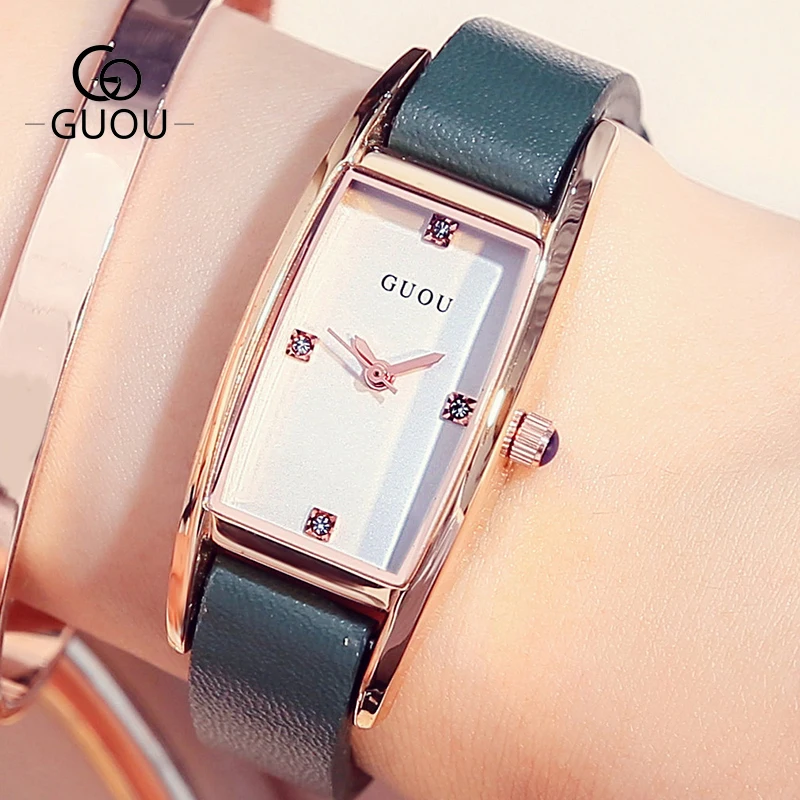 Часы GUOU роскошные женские часы с кристаллами модные женские часы из натуральной кожи дамские часы прямоугольные часы relogio feminino