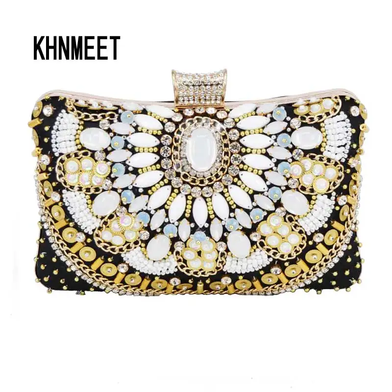 

Elegant white Hard beaded Evening Bag Women Clutch Bag Mini Party Purse pochette Boutique banquet Bag with Chain Handbags