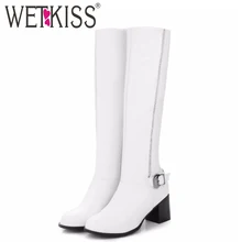 Big Size 34-45 Fashion 2016 Thick Heels Knee Boots Fashion Buckle Charm Rhinestone Fall Winter Boots Solid Female Shoes Woman