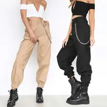 Хлопковые Штаны-шаровары, женские свободные брюки с цепочками, высокая талия, карманы, полная длина, высокое качество, хаки, черный, B80992